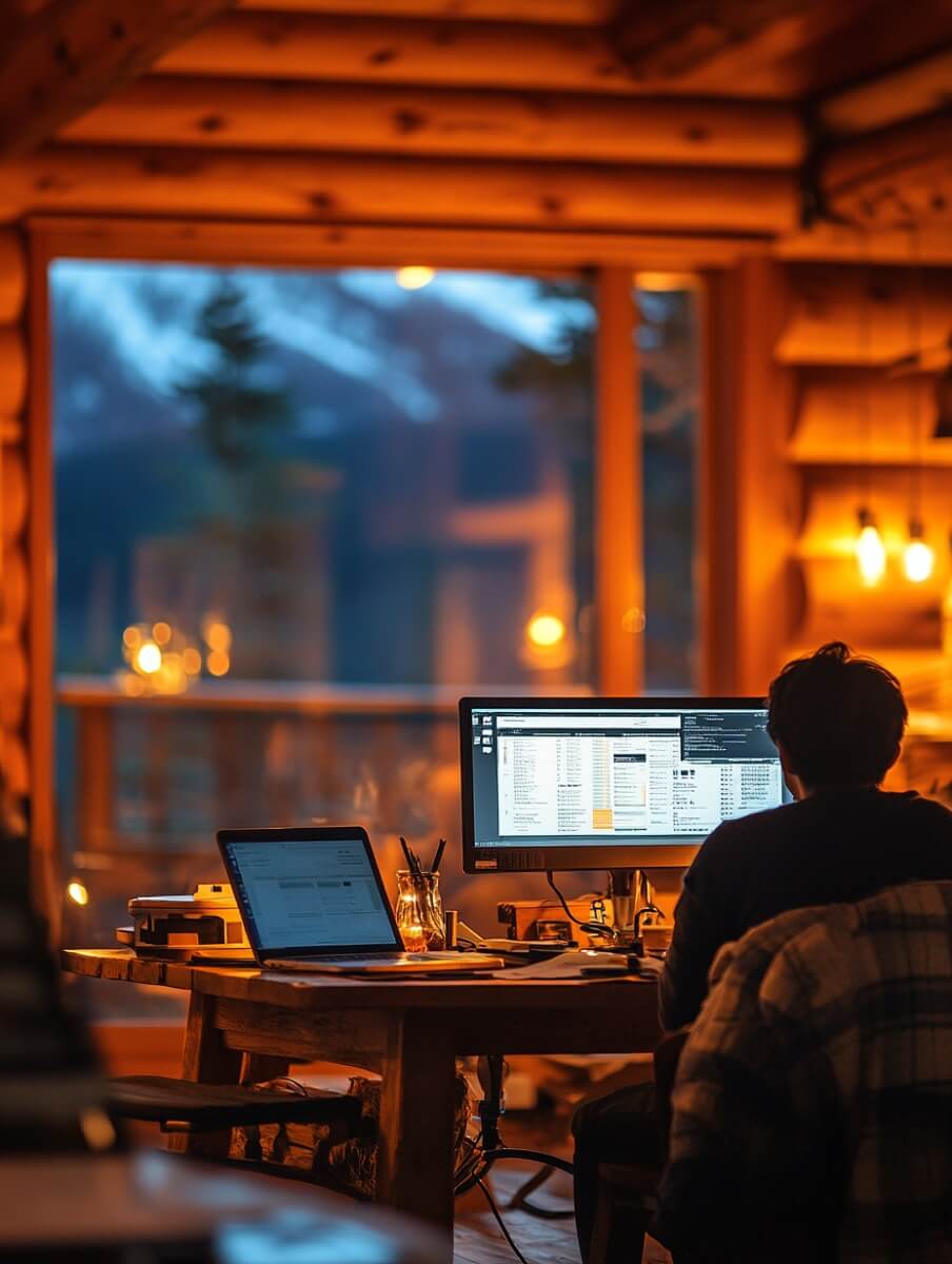 A data analyst working at a computer station in a cabin in Japan.