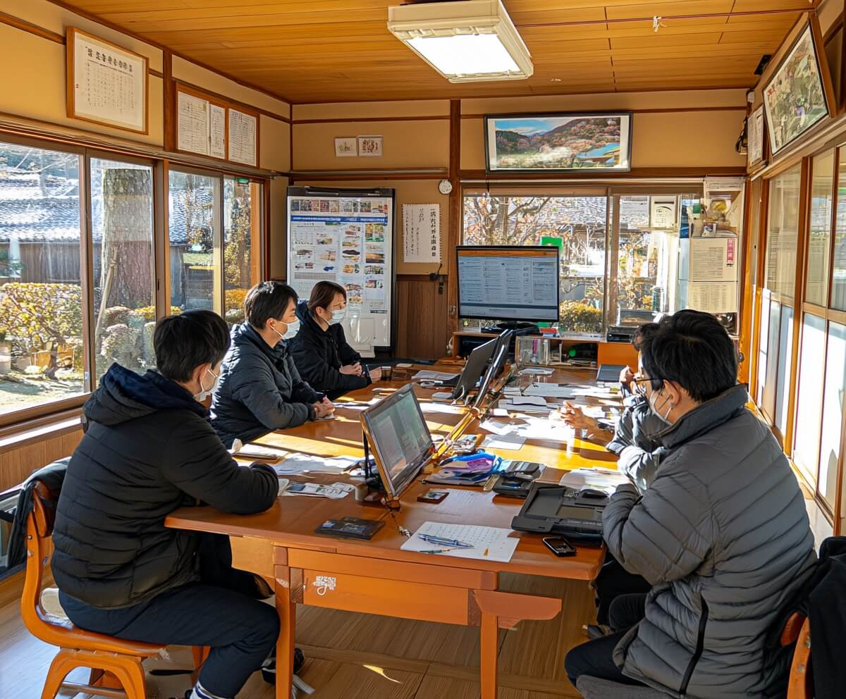 A group of Japanese officials meeting in a municipal office in Japan.