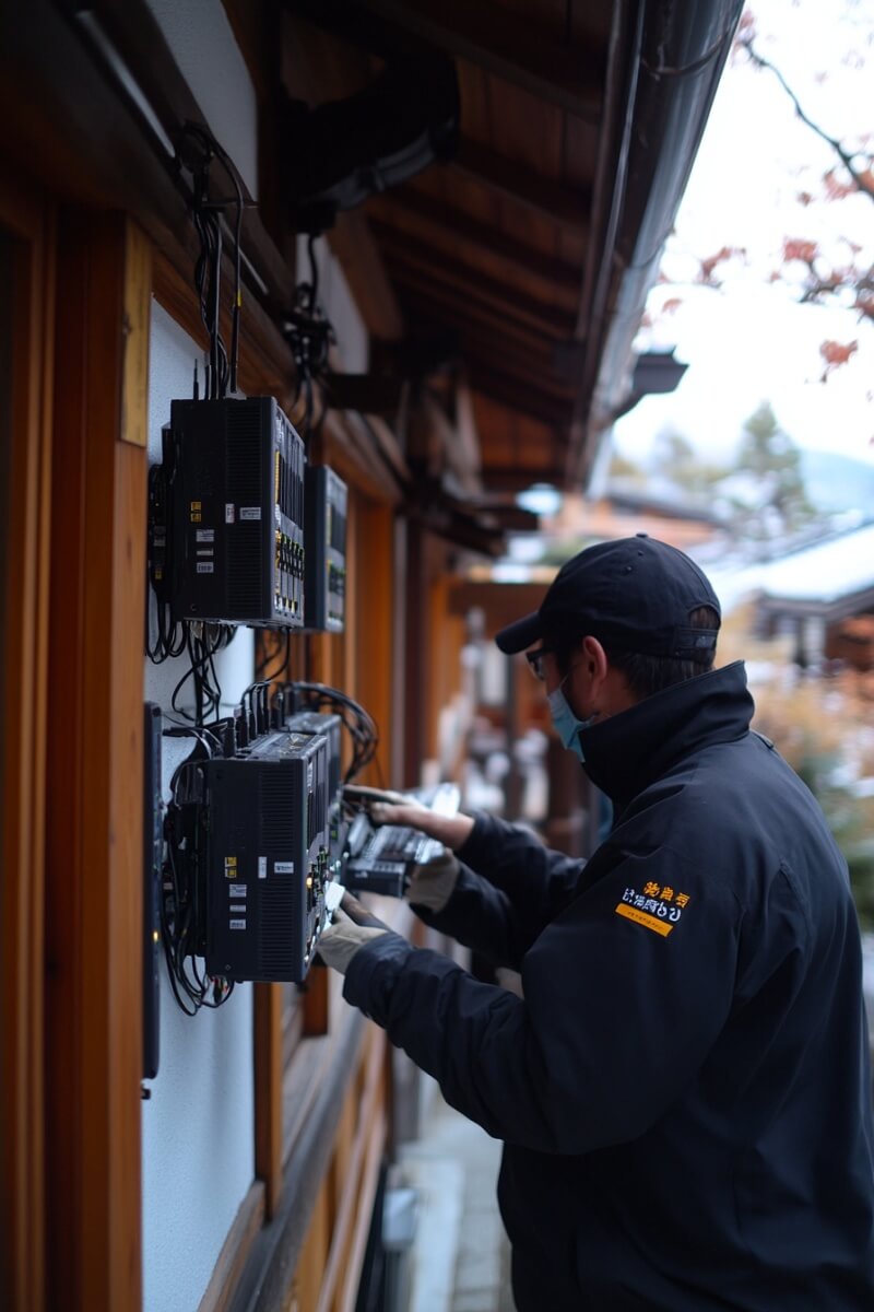 Japanese network engineers installing new digital infrastructure at a hotel in rural Japan. 