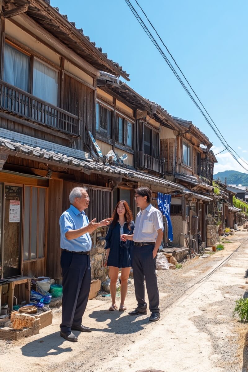 3 Japanese people speaking on a dirt road next to an older building.