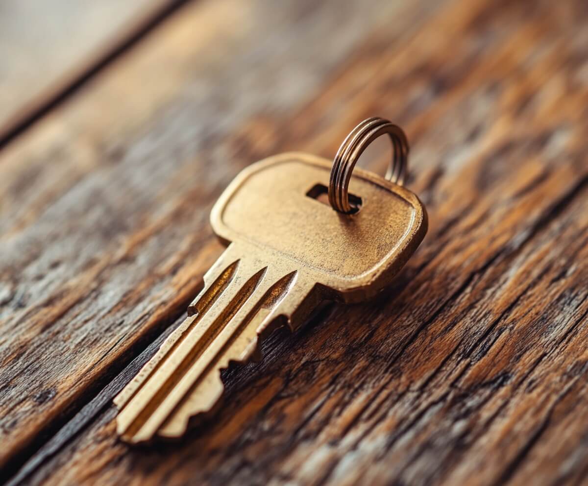 A house key on a wooden  table