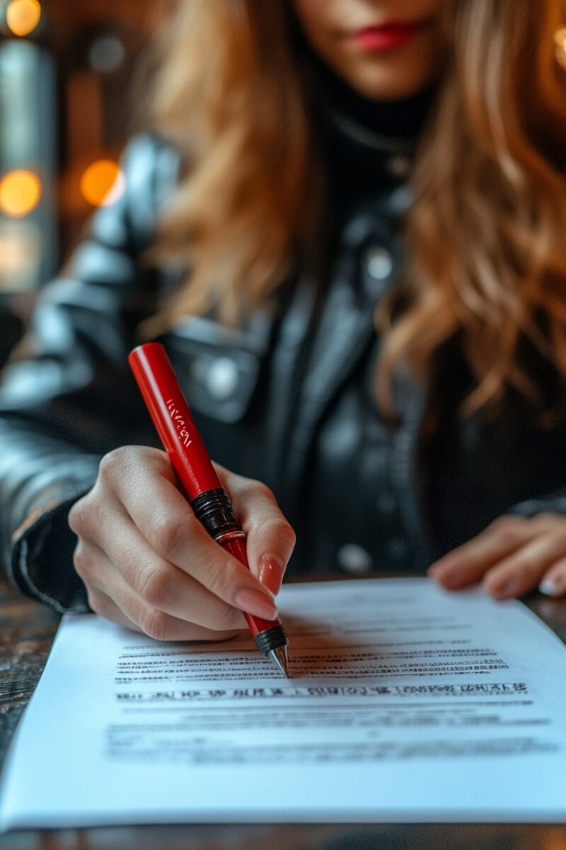 A woman signing a document with a red pen.