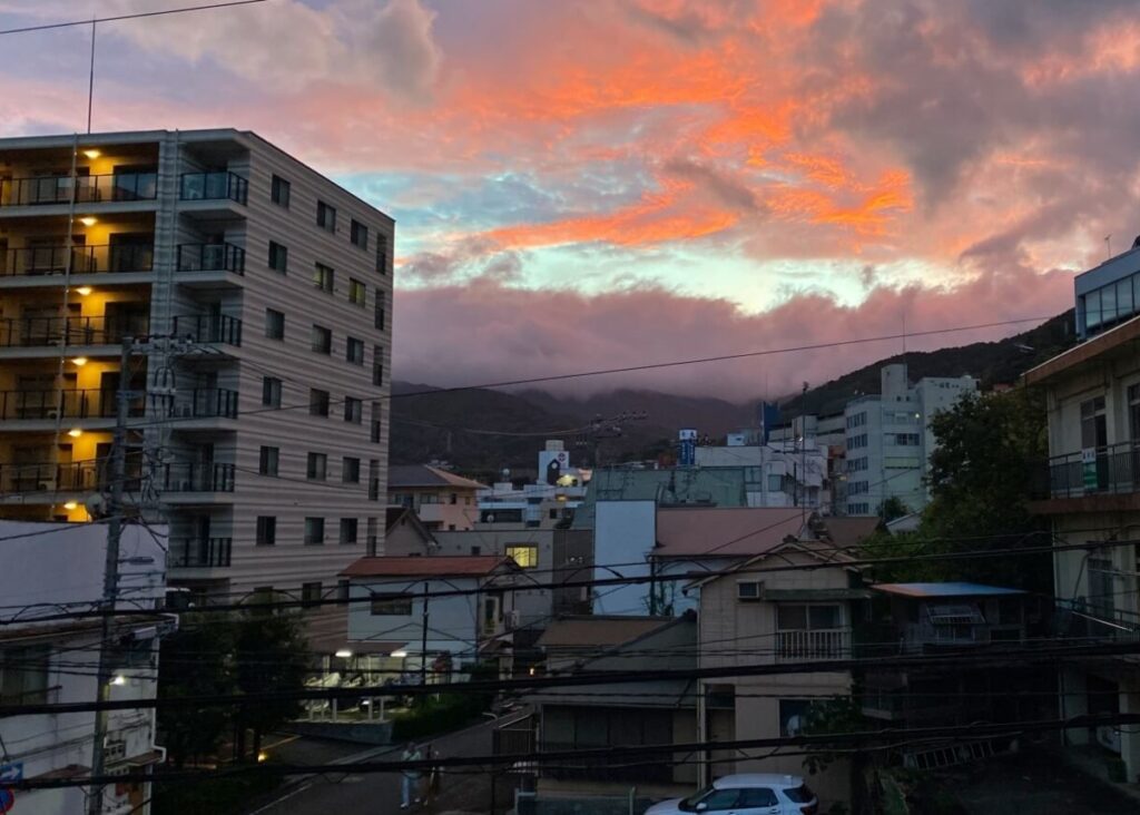 Sunset over the Hakone mountains in Yugawara, Kanagawa, Japan.