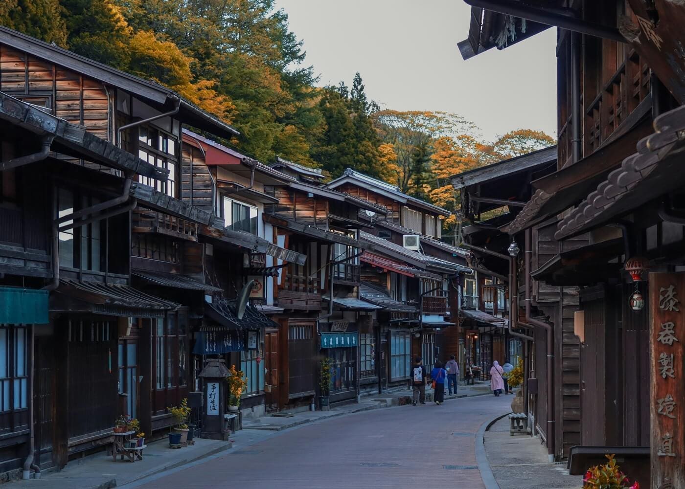 A row of Japanese businesses in a rural town in Japan.